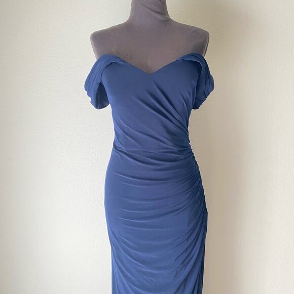 La Femme sz 16 navy blue‎ off shoulder gown NWT - Picture 3 of 13